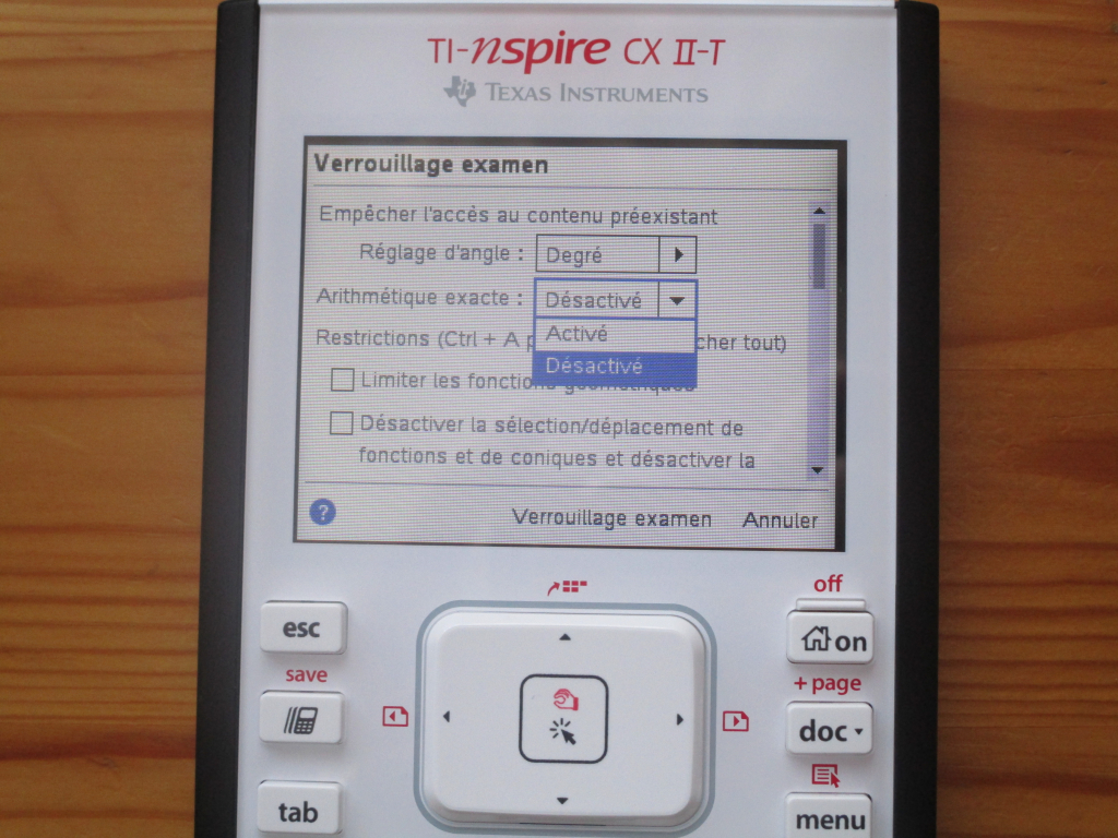 TI-Nspire CX II-T : mode examen